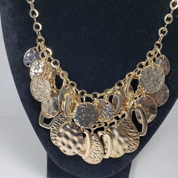 Polished Gold tone Layered Textured, Hammered Discs Hoops Charms Necklace - Picture 7 of 8
